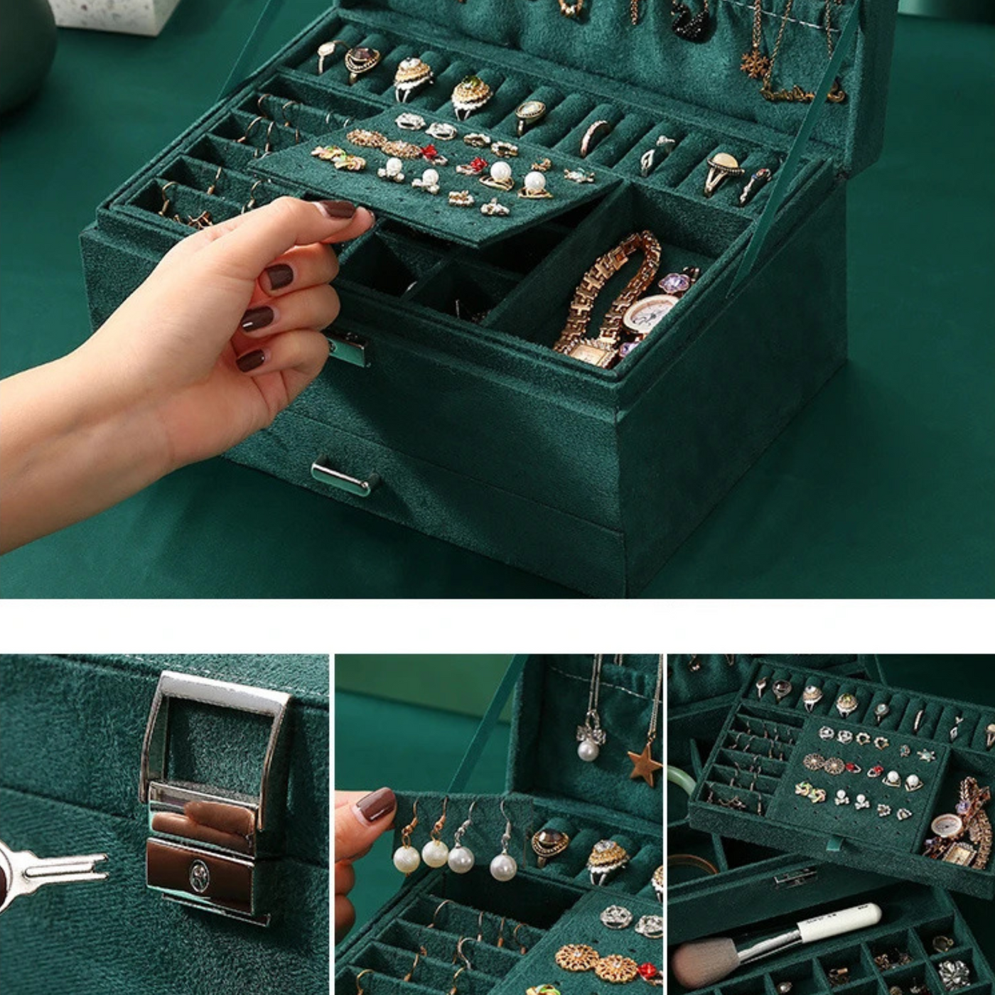 Boîte à bijoux vert émeraude avec tiroir