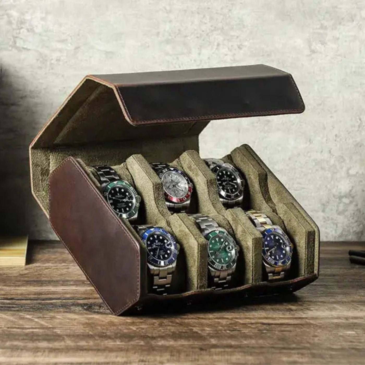 Étui pour 6 montres en cuir hexagonal