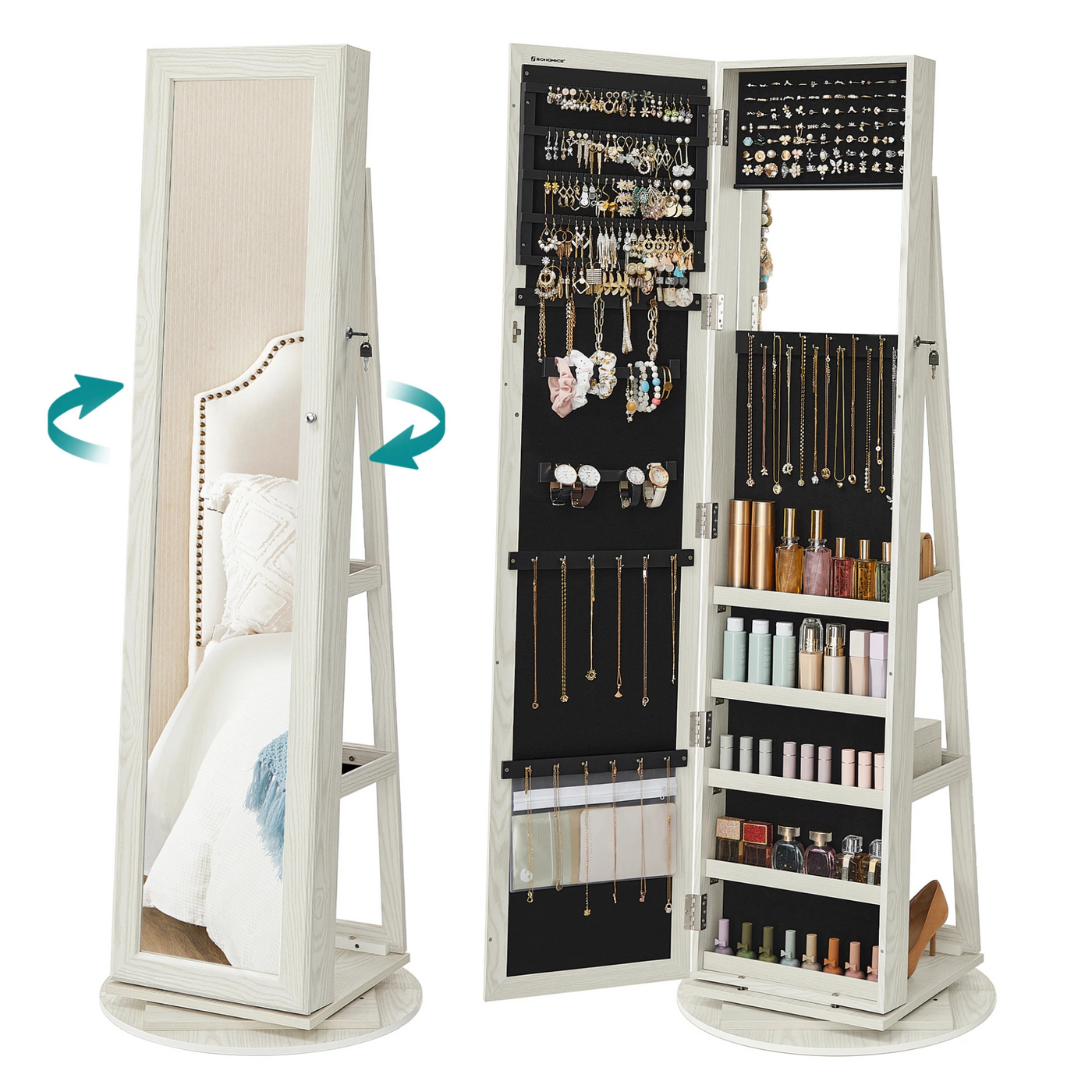 Armoire à bijoux rotative avec miroir