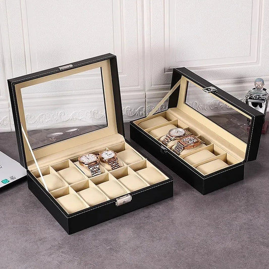 Boîte à montres rectangulaire en cuir surpiqué