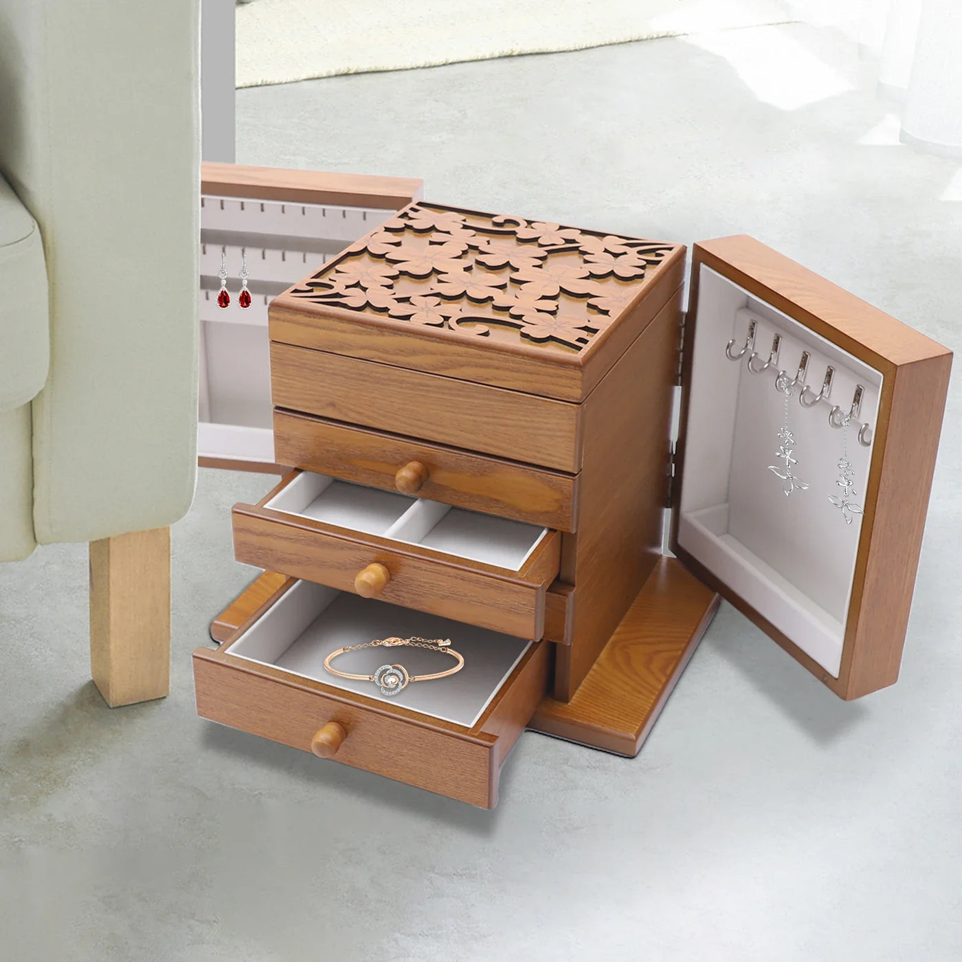 Boîte à bijoux en bois à 4 tiroirs avec miroir